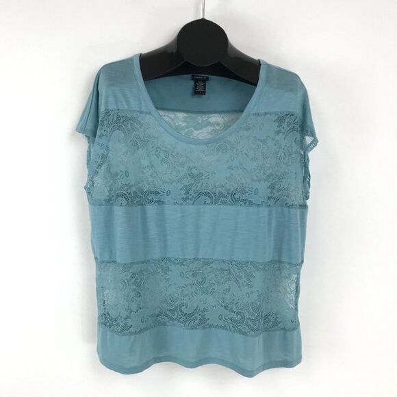Torrid Lace Stripe Blouse Women's Plus 1/1X Sheer Teal Stretch Knit Scoop Neck - Picture 1 of 9